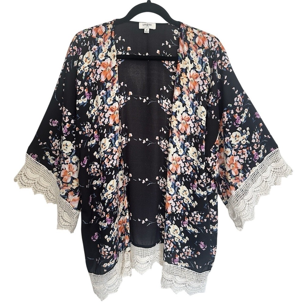 Umgee Floral Kimono Cardigan Black Crochet Lace Trim M Coastal Boho Beach Whimsy